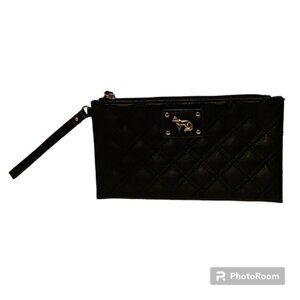 EMMA FOX BAG WRISTLET CLUTCH BLACK QUILTED LEATHER GOLD ACCENT ZIP TOP